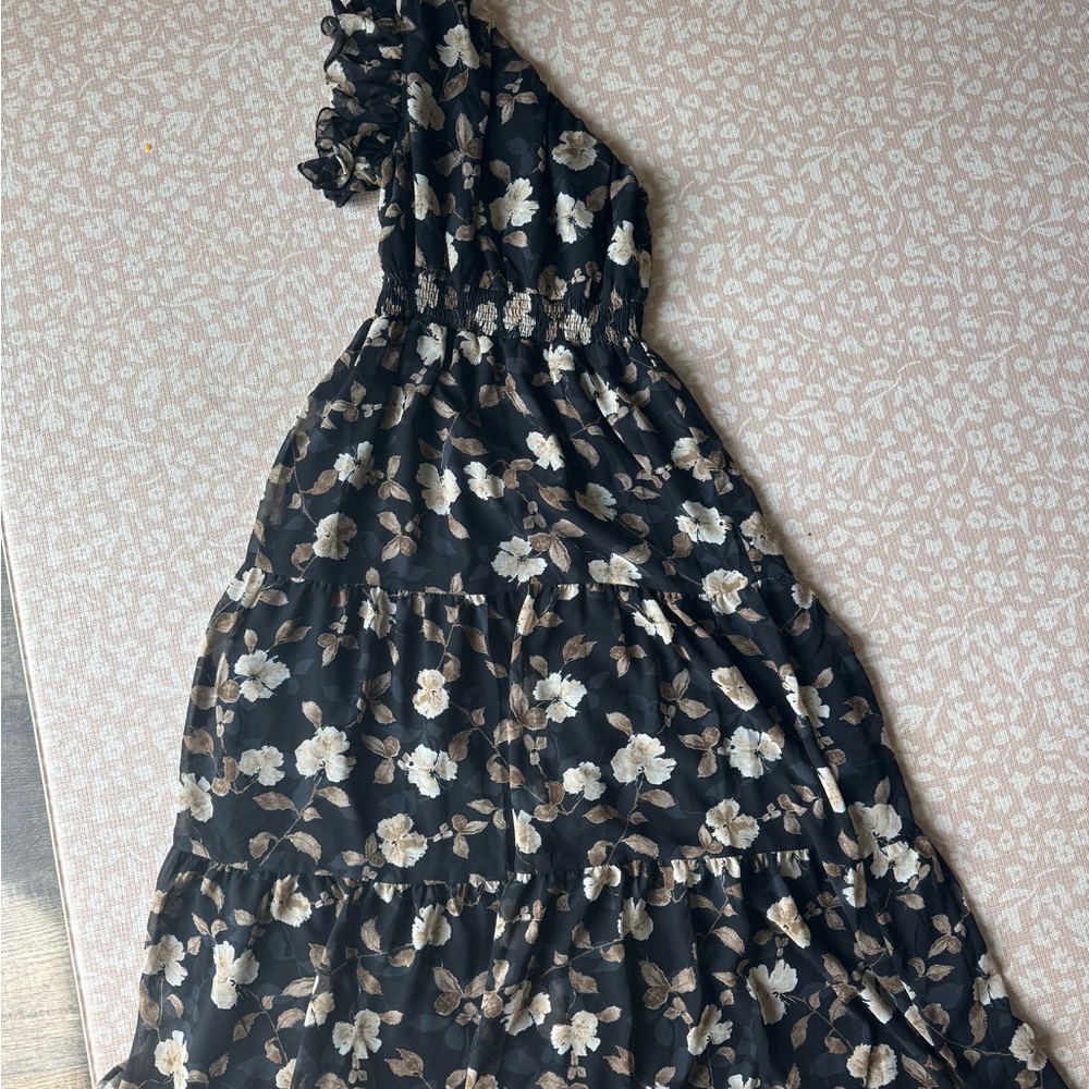 Petal & Pup Black and Cream Floral One-Shoulder Dress